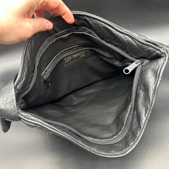 Vintage 1980s Judi Simon USA Black Leather Purse Rainbow Accents Shoulder Strap - Picture 4 of 12